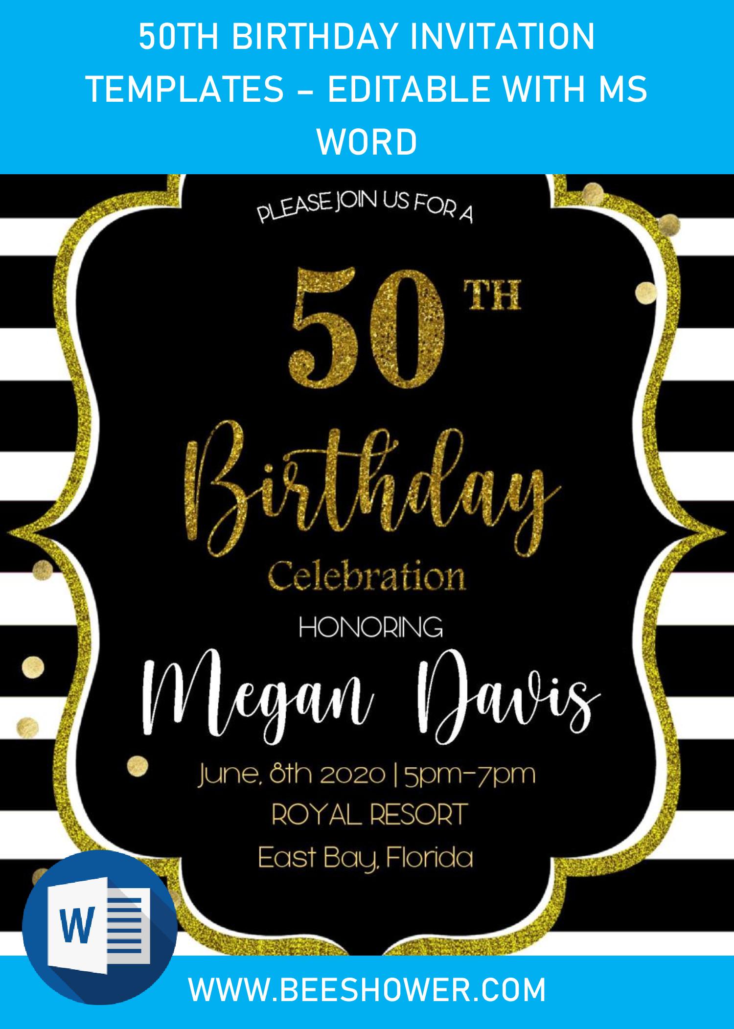 Black And Gold 50th Birthday Invitation Templates – Editable With Ms Word | FREE Printable Baby