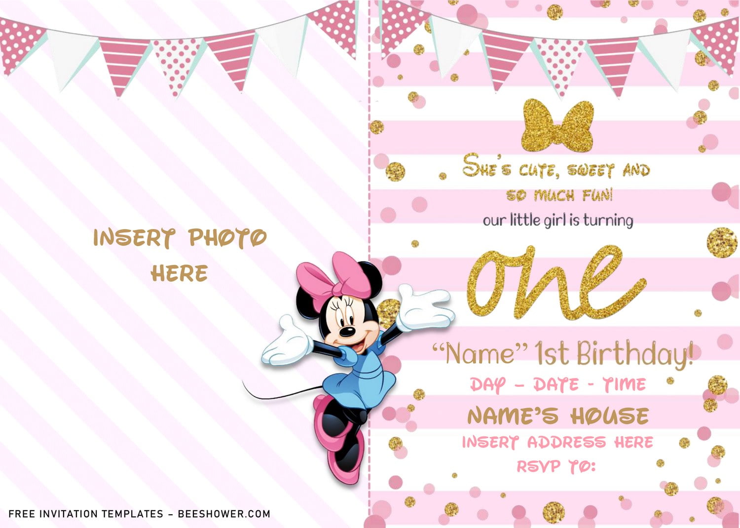 Free Sparkling Gold Glitter Minnie Mouse Baby Shower Invitation